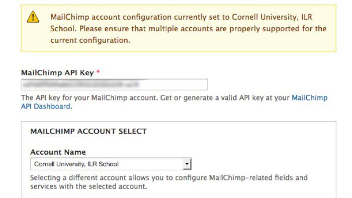 MailChimp account notice and select menu