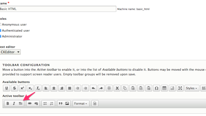 The ckeditor button for pullquotes that needs to be configured in the text format