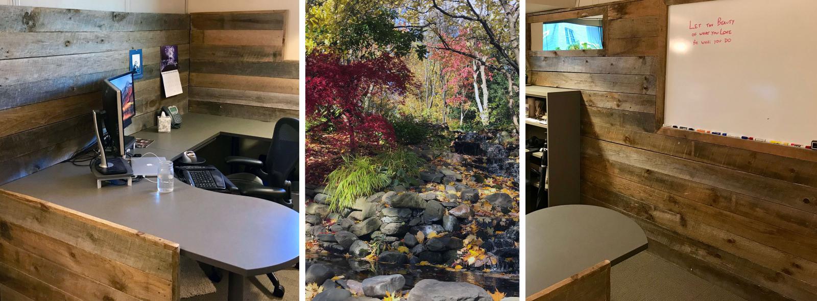 A collage of the final version of my transformed office space, with the desk and wall on one side, mirror and whiteboard on the other, and an image of fall colors in the middle