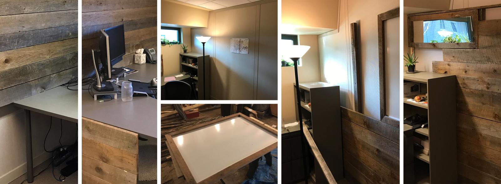 A collage of images throughout the build process, including partial walls, framing the whiteboard and attaching the mirror to the 2x4 strips.