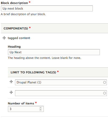 Configuration fields for the tagged content block, including the heading, tag and number of items to show.